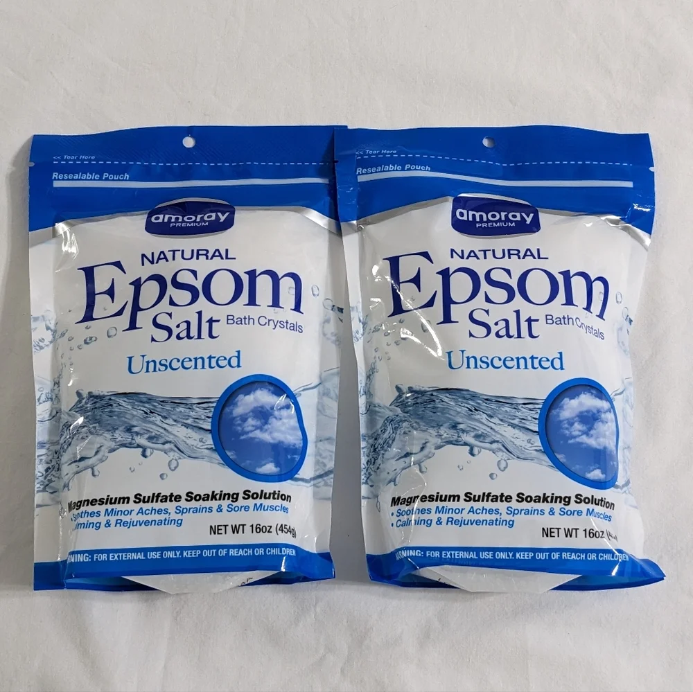 Amoray Natural Epsom Salts Bath Crystals, Unscented, Bundle of 2, 16 oz., NEW